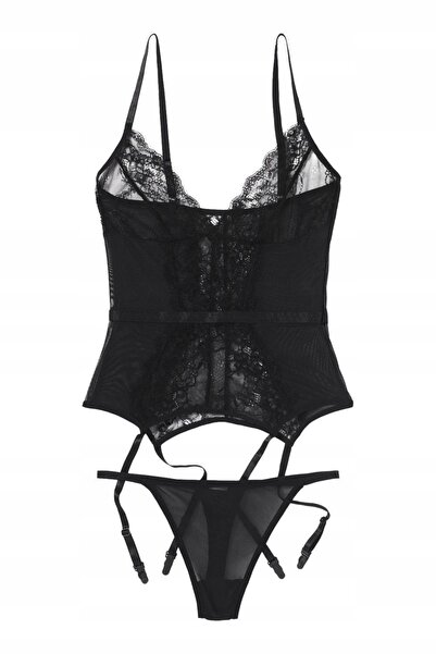 NO BRAND Lenjerie din dantelă, top negru, chiloți, tanga, design cu dungi, Bo...