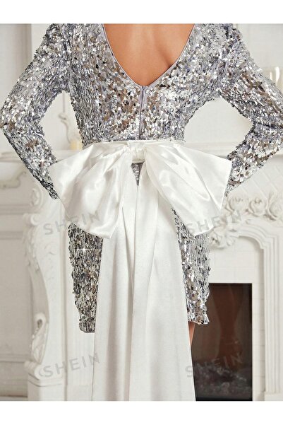 NO BRAND Rochie argintie, paietată, mulată, din satin, cu fundă, cu fermoar, ...