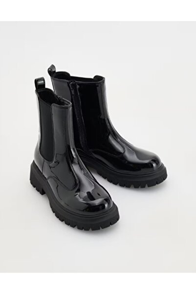 NO BRAND Botine clasice din piele lăcuită neagră, cu fermoar, vârf rotund, 32