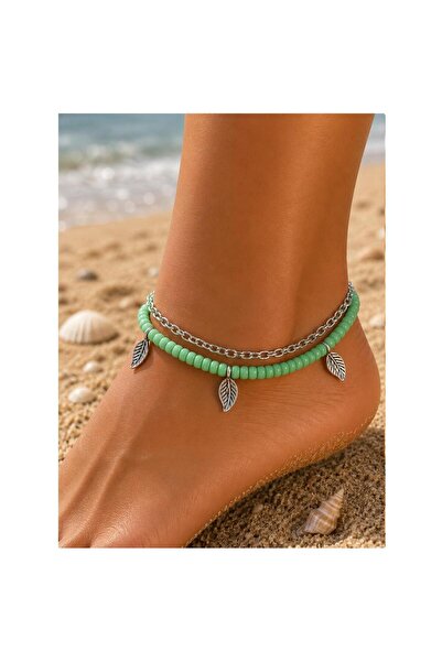 Bijustore Green Color Beads - Leaf Women's Anklet
