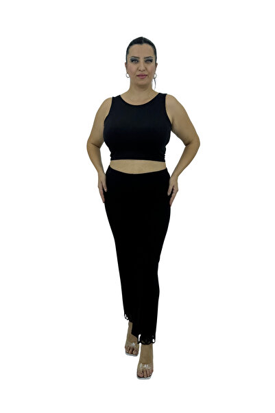 Ramelya Plus Size Lycra Elastic Waist Embroidery Detailed Piped Leg Slim Visc...