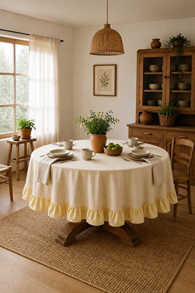 HOME ART ATELIER hand made Yuvarlak Fırfırlı Naturel Vintage Masa Örtüsü - Lu...