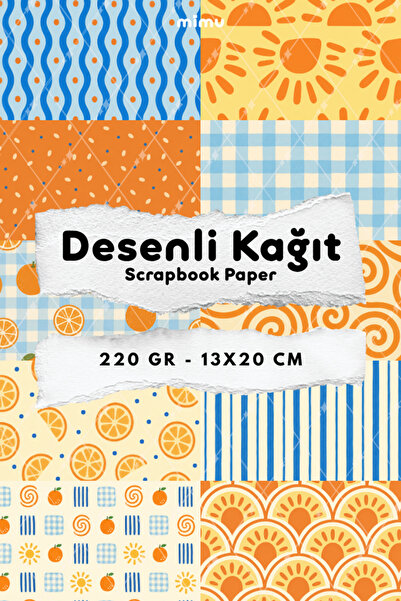 Mimu Art Studio Portakal Güneş Ekose Çizgi Spiral Desenli Kağıt Seti Scrapboo...