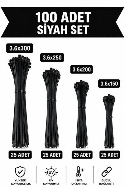 NEXTRA 3.6x150-200-250-300 mm Kablo Bağı SET - Siyah Cırt Kelepçe - Plastik K...