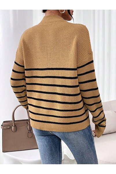 NO BRAND Pulover cu dungi, cu fermoar, maro, oversize, O Bioder Shein 34