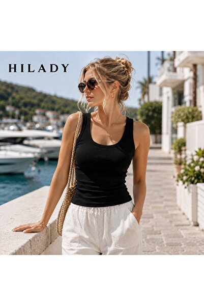 Hilady Дамска черна блуза/потник с рипсена визия и дебели презрамки, базов модел