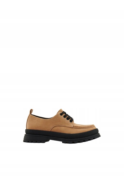 NO BRAND Mocasini din piele maro-negru, cu șireturi, cusături, talpă joasă, m...