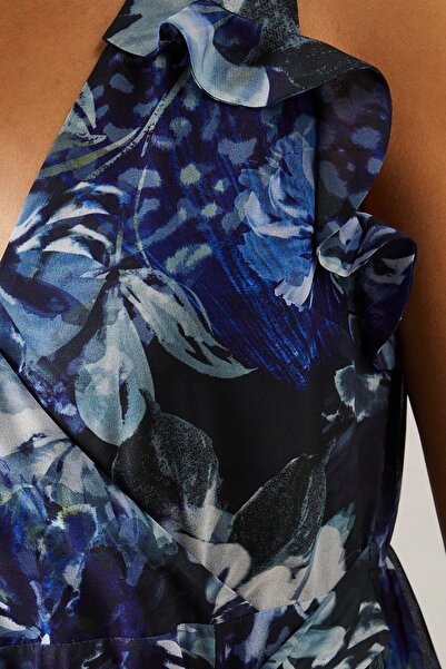 NO BRAND Rochie albastră Midaxi cu volane asimetrice, design floral, Wallis 44