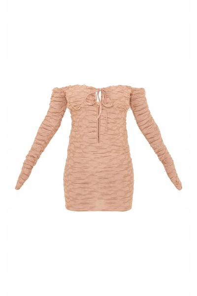 NO BRAND Rochie texturată bej, mini, cu mâneci lungi, închidere cu șnur, Pret...