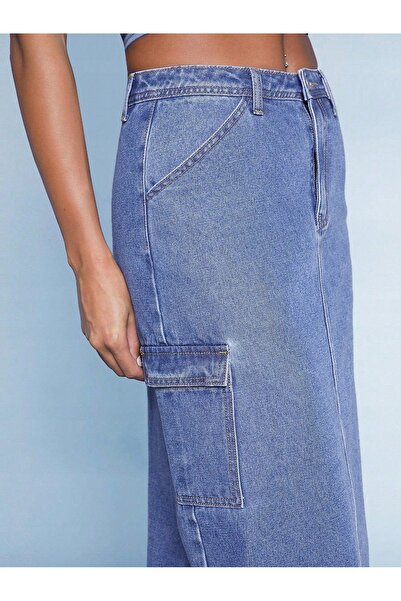 NO BRAND Fustă maxi din denim albastru cu buzunare simplă Shein 36