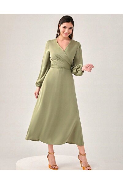 NO BRAND Rochie midaxi Zilona olive, tip furou din satin, Shein, 44