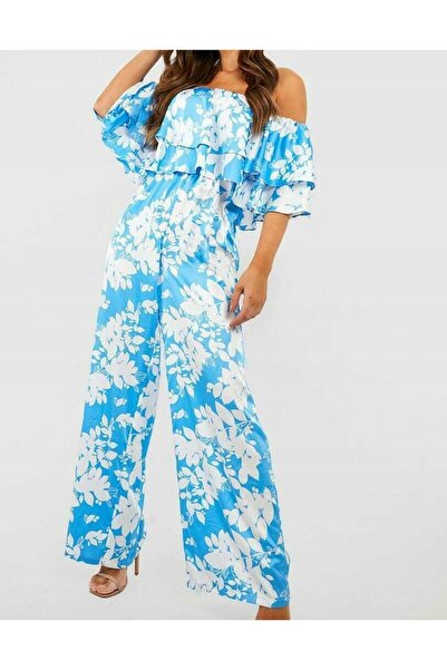 NO BRAND Salopetă albastră cu flori, volane, stil floral spaniol, vaporoasă, ...