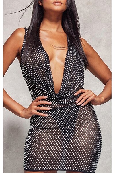 NO BRAND Rochie mulată mini neagră din plasă cu decorațiuni Prettylittlething 36