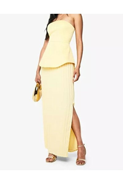 NO BRAND Rochie maxi plisată galbenă, cu umerii goi, cu decupaje clasice, sti...
