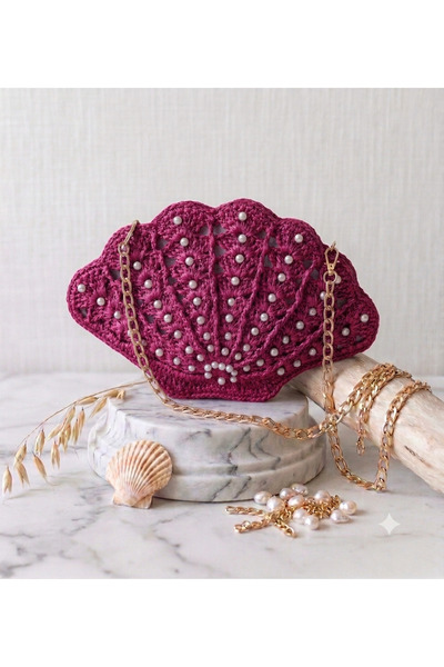 Verda Desing Hand Knitted Pearl Mussel Straw Bag - Fuchsia Pink Oyster Model ...