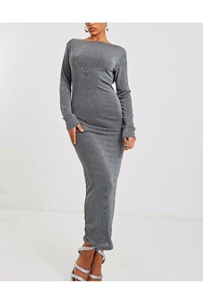 NO BRAND Rochie maxi gri cu mânecă lungă și spatele deschis PRETTYLITTLETHING 44