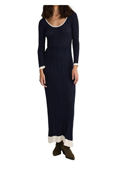 NO BRAND Rochie maxi tricotată bleumarin, cu mânecă lungă, decolteu adânc, cl...