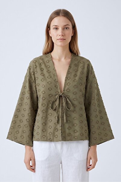 Saade Khaki Deep V-Neck Tie-Dye Textured Embossed Kimono Blouse