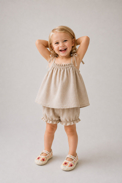 Elo Ruffle Leg Beige Baby 2-Piece Set with Tie Strap