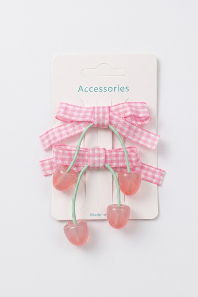 Le Mabelle Pink Cherry Figured Gingham Bow Girl's 2-Piece Clip Buckle