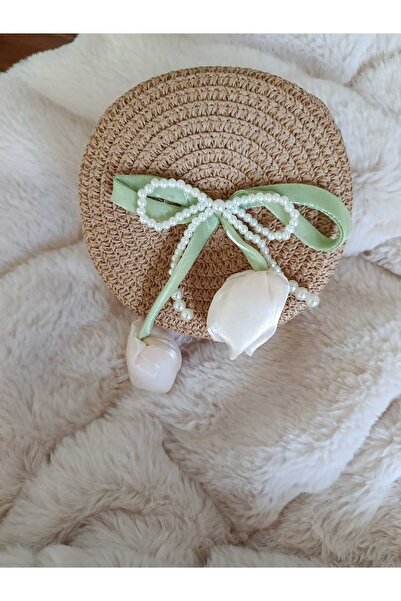 EdButikModa Girl's Mini Round Tulip Figured Straw Crossbody Bag |   Pearl Bow...