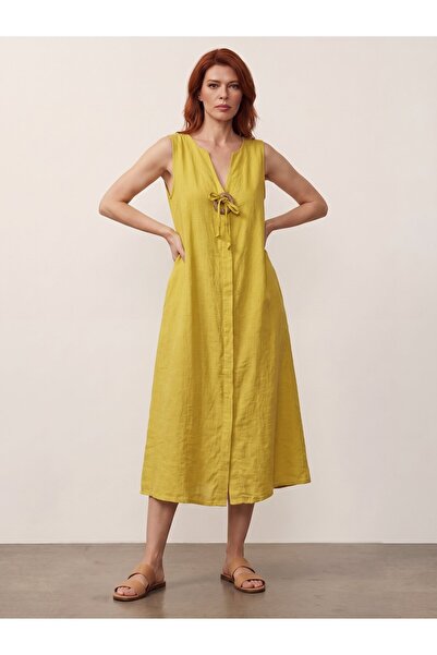 DenizEge Linen Textured Buckle Sleeveless Cotton Dress Mustard