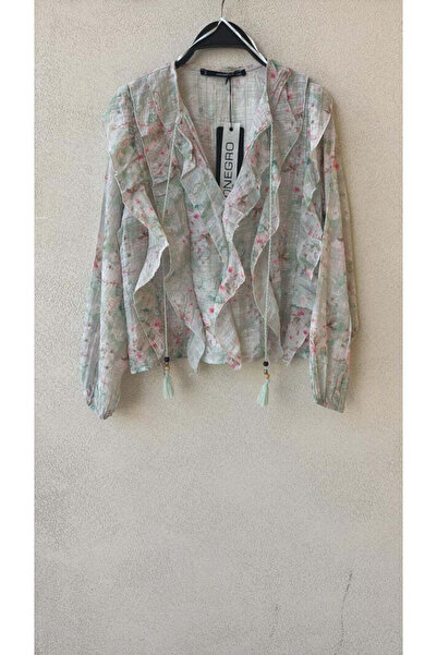 Orfeo Negro Green Floral Patterned Ruffled Tassel Blouse