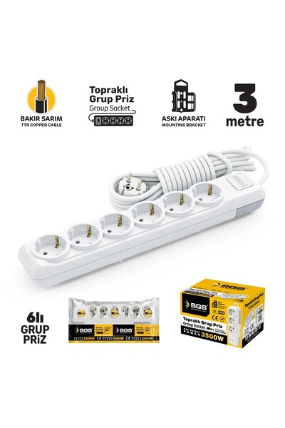 SGS SGS3492 Grup Priz Topraklı Altılı 3 Metre, Uzatma Kablosu, Üçyol