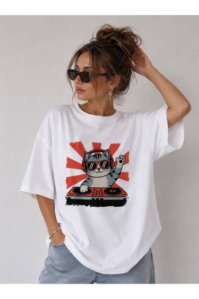DJ Kedi Baskılı Oversize Unisex Beyaz Tişört