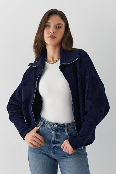 Nopen Knitwear Kadın Devrik Yaka Fermuarlı Triko Hırka
