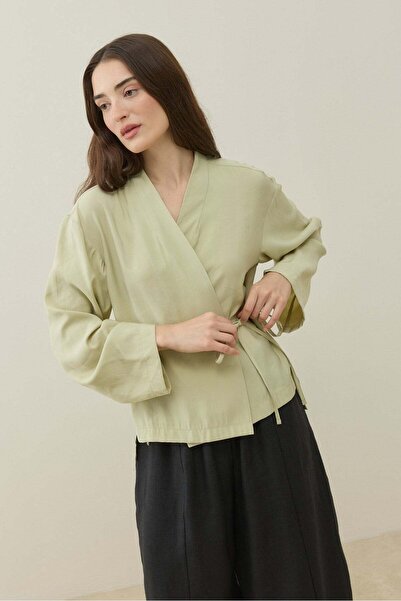 Molene Lime Kruvaze Bağlamalı Mini Kimono