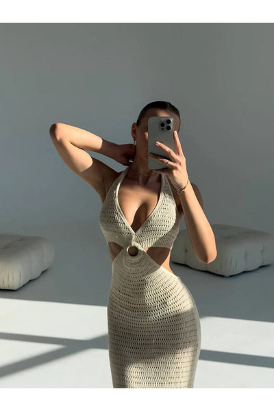 Bernato Knitted Beach Dress Halter Neck Backless Midi Length Summer Women's D...
