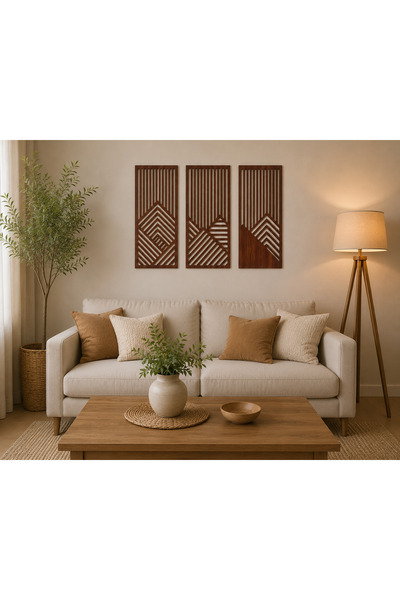 3’lü Geometrik Ahşap Görünümlü Duvar Dekoru – Modern MDF Panel Seti 18 × 40 cm