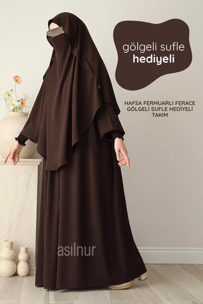 ASİLNUR طقم هافسا بسحاب وغطاء رأس وشال وسُفلة هدية باللون البني