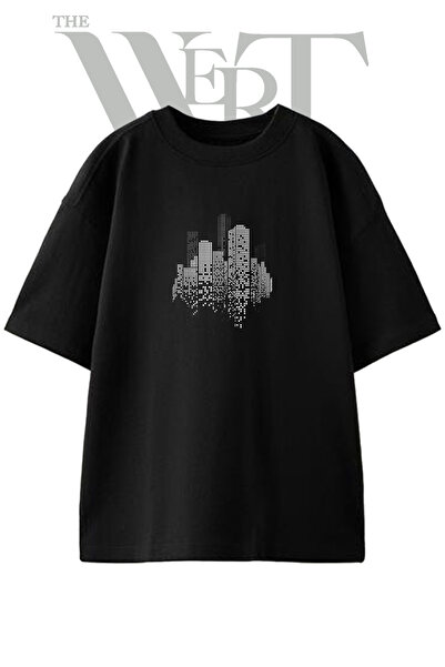 THEWERT Dizajn Pixel City, štampana unisex crna oversize majica