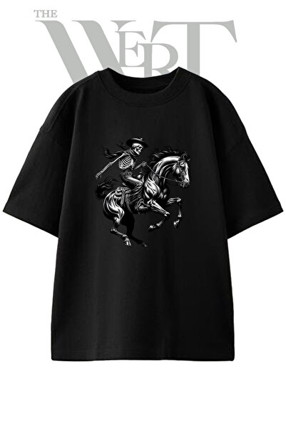 THEWERT Tricou oversize negru unisex cu imprimeu Skeleton Cowboy Design