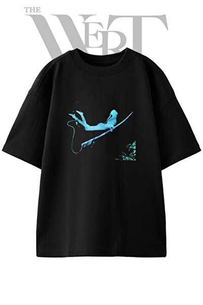 THEWERT Tricou oversize negru unisex cu imprimeu Surfer Girl Design