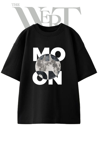 THEWERT Abstract Moon Design Printed Unisex Black Oversize T-Shirt