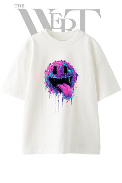 THEWERT Acid Smiley Design Printed Unisex White Oversize T-Shirt