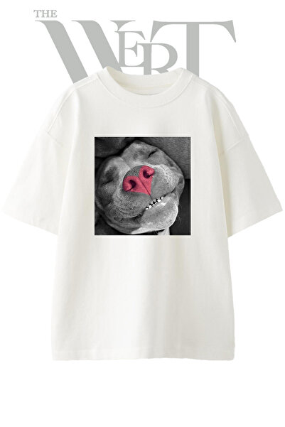 THEWERT Tricou oversize alb unisex cu imprimeu Dog Heart Nose Design