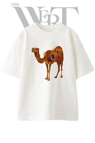 THEWERT Μπλουζάκι Unisex Λευκό Oversize με στάμπα σχεδίου κιθάρας Camel