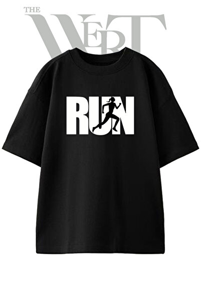 THEWERT Running Woman Design Printed Unisex Black Oversize T-Shirt