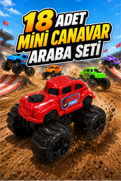 FunkyCraft 18 Adet Mini Canavar Araba Seti | 5 Farklı Renk | Dev Tekerlekli O...