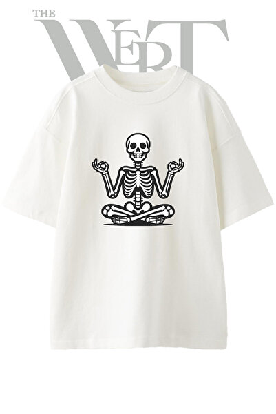 THEWERT Tricou oversize alb unisex cu imprimeu Skeleton Yoga Design