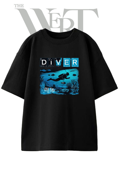THEWERT Scuba Diver Design Printed Unisex Black Oversize T-Shirt