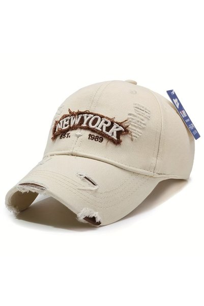 YYB Ünise Washed Cotton Baseball Cap New York Embroidered Ripped Detail Vintage 4 Colors