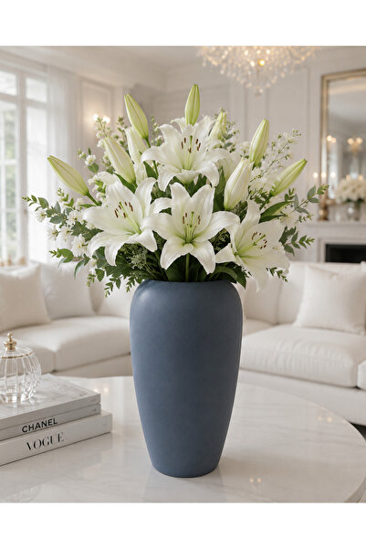 Lui Tasarım Nordic Style Bohemian Large Size Modern Ceramic Hera Vase Deep Bl...