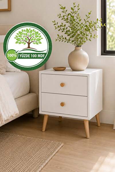 LOVİSSE HOME MDF Monaco komodin, Yan Sehpa 2 Çekmeceli Beyaz Ahşap Ayaklı Yat...