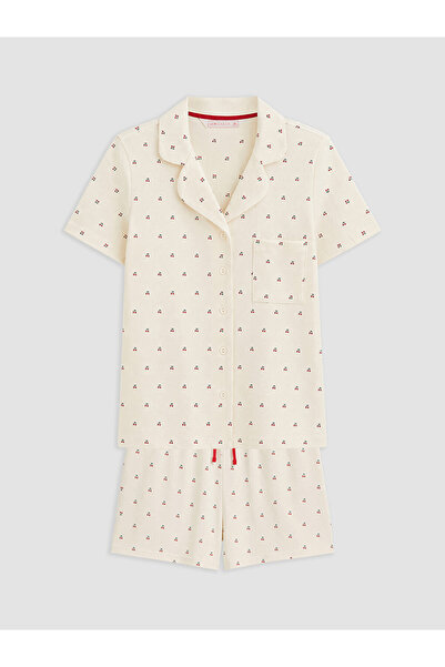 LC Waikiki Ekru Gömlek Yaka Baskılı Hamile Şortlu Pijama Takımı