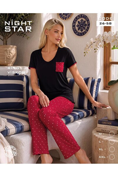 Night Star Elza Polka Dot Ring Viscose Pajama Set with Pockets